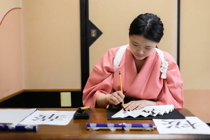 Learning Zen of Japanese Calligraphy in kimono near Osaka Castle - Photos in kimono, sent after class